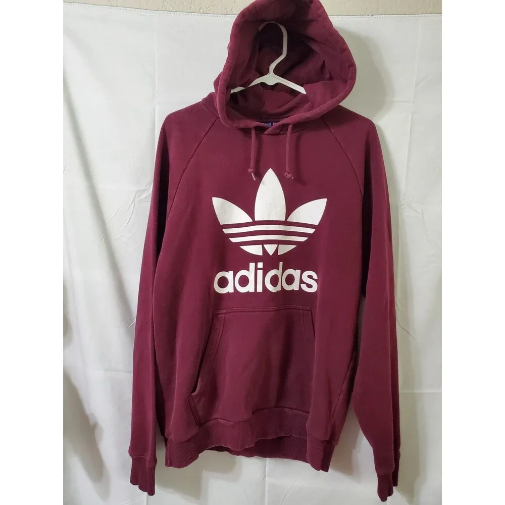 Adidas Sweatshirt Mens Medium Burgundy Trefoil Logo Hoodie Pullover